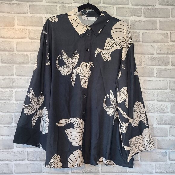 Touche Tops - Touche Prive Black White Satin Patterned Shirt Blouse Top EU 44 US 14-16 NWT